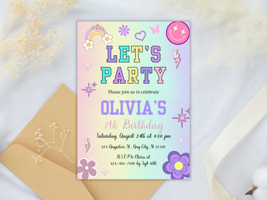 Patch Letter Birthday Invitation Template, Retro Varsity Party (Digital Download)