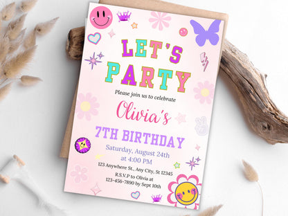 Retro Birthday Invitation Template, Patch Letter Party (Digital Download)