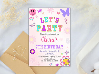 Retro Birthday Invitation Template, Patch Letter Party (Digital Download)
