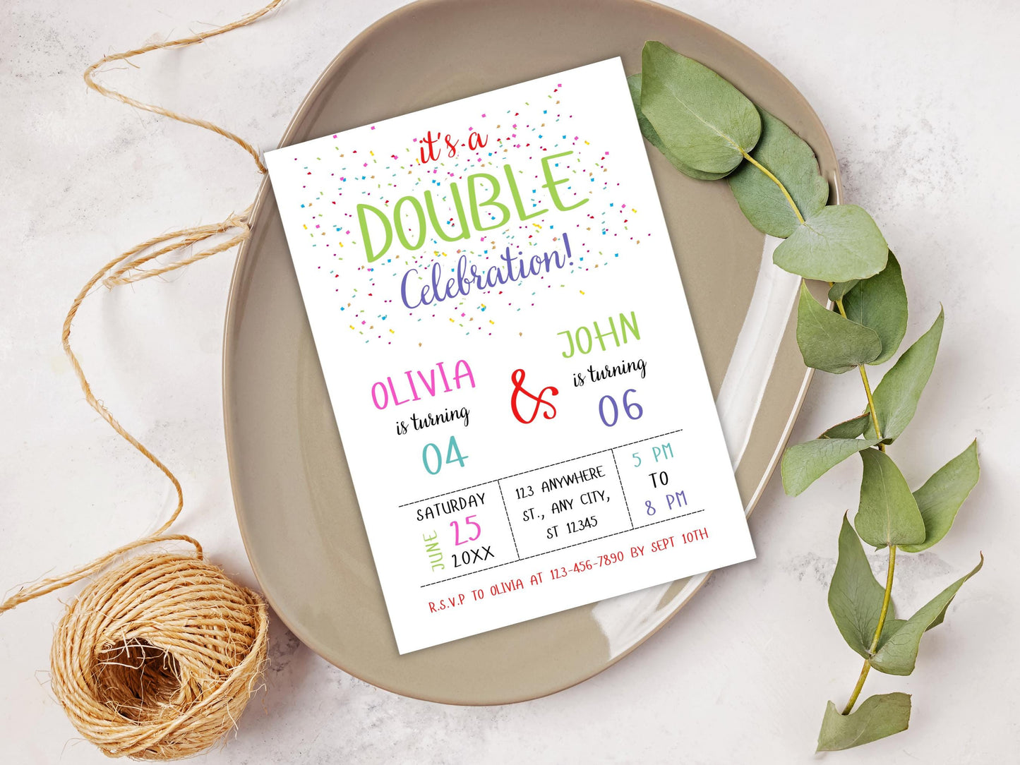 Doppelgeburtstagseinladung: Geschwisterfeier, bearbeitbare Canva-Vorlage (PDF)