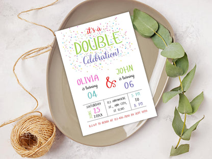 Doppelgeburtstagseinladung: Geschwisterfeier, bearbeitbare Canva-Vorlage (PDF)