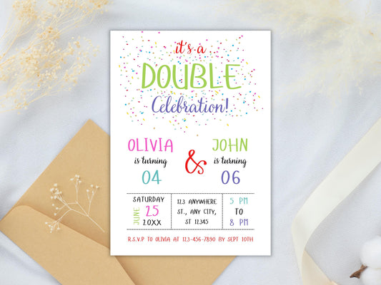 Double Birthday Invitation: Sibling Celebration, Editable Canva Template (PDF)