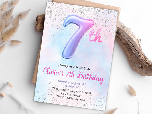 Pink Glitter 7th Birthday Invitation (Digital Download)