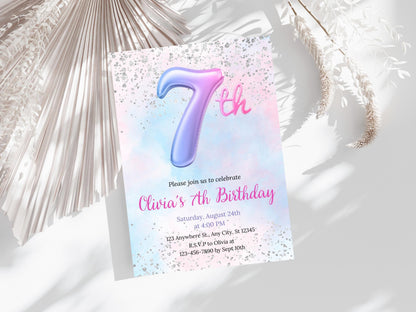Pink Glitter 7th Birthday Invitation (Digital Download)