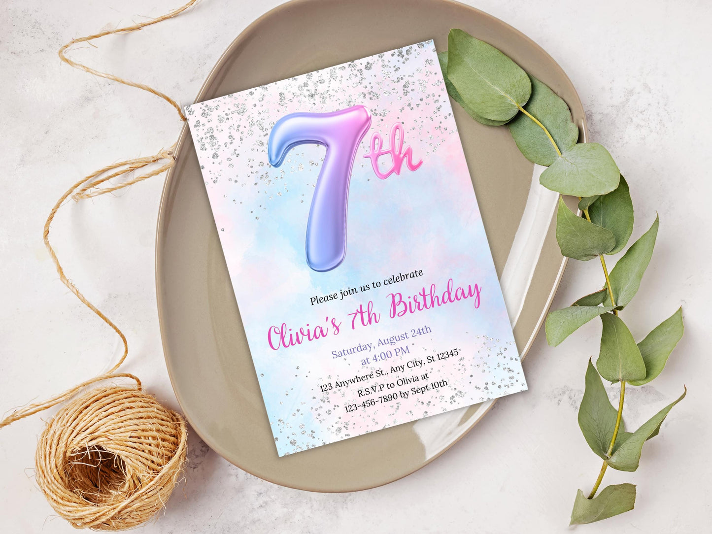 Pink Glitter 7th Birthday Invitation (Digital Download)