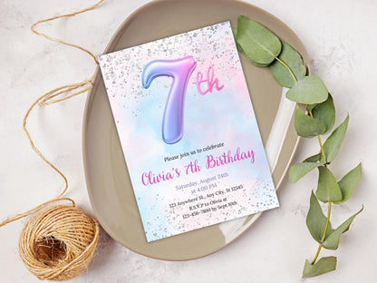 Pink Glitter 7th Birthday Invitation (Digital Download)