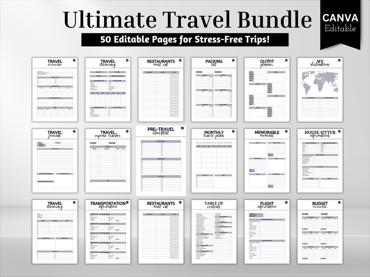 Travel Planner Bundle: 50-Page Itinerary Template (A4 & US Letter) (Digital Download)