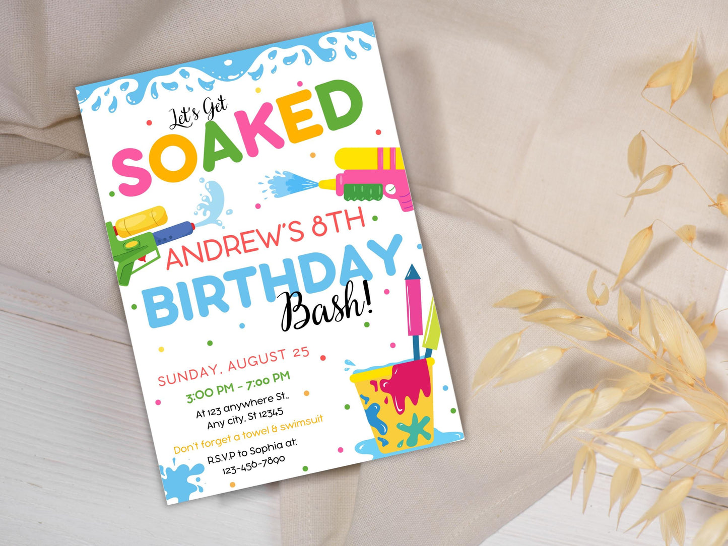 Water Gun Birthday Invitation Template, Editable Water Gun Invite, Water Party Invitation, Let's Get Soaked Invite, Water Gun Splash Party