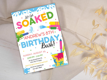 Water Gun Birthday Invitation Template, Editable Water Gun Invite, Water Party Invitation, Let's Get Soaked Invite, Water Gun Splash Party