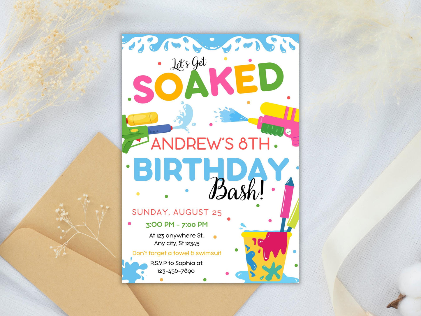 Water Gun Birthday Invitation Template, Editable Water Gun Invite, Water Party Invitation, Let's Get Soaked Invite, Water Gun Splash Party