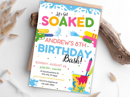 Water Gun Birthday Invitation Template, Editable Water Gun Invite, Water Party Invitation, Let's Get Soaked Invite, Water Gun Splash Party