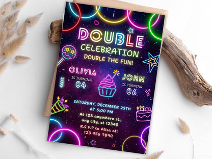 Editable Neon Joint Birthday Invitation Template (Digital Download)
