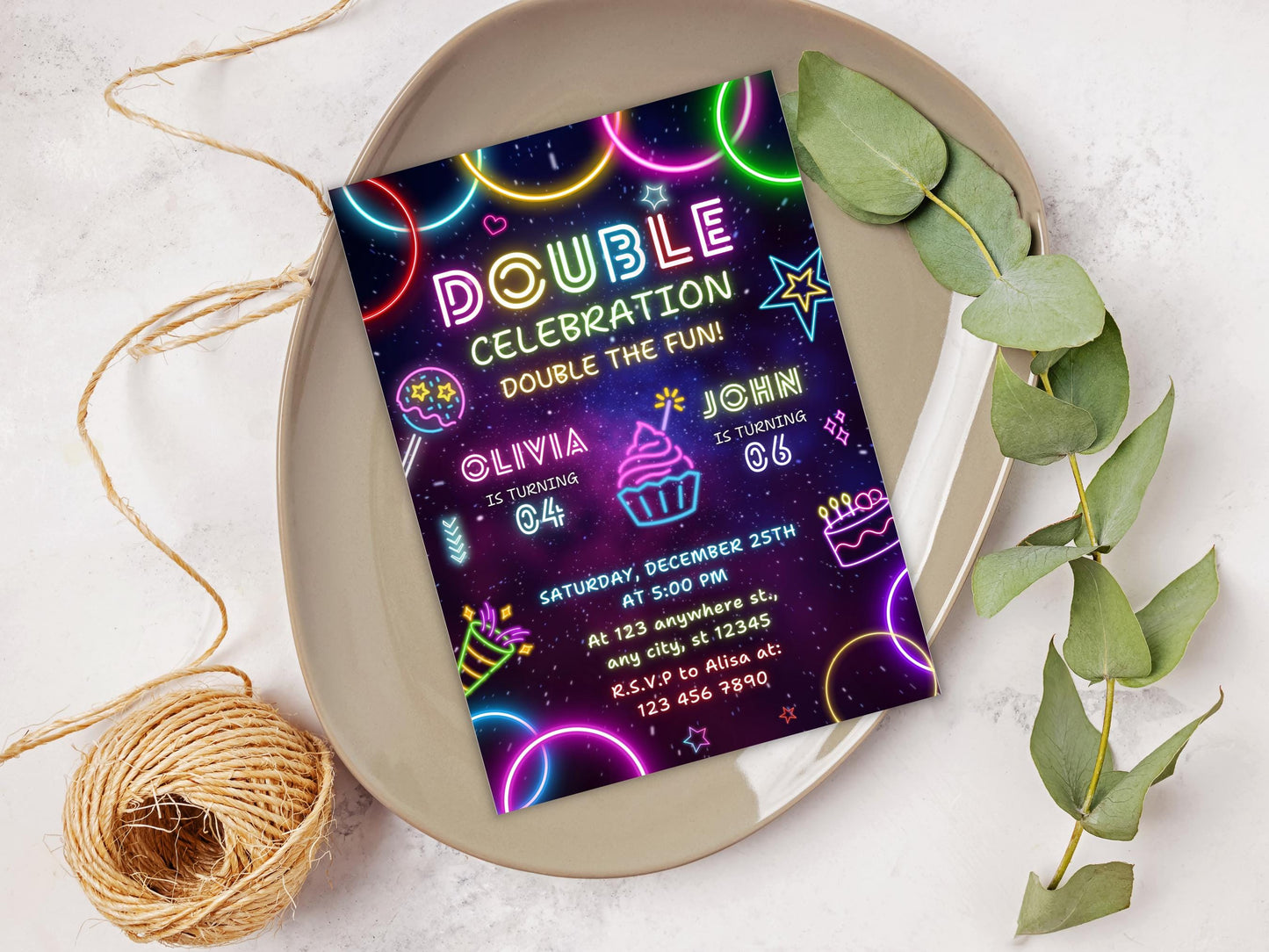 Editable Neon Joint Birthday Invitation Template (Digital Download)