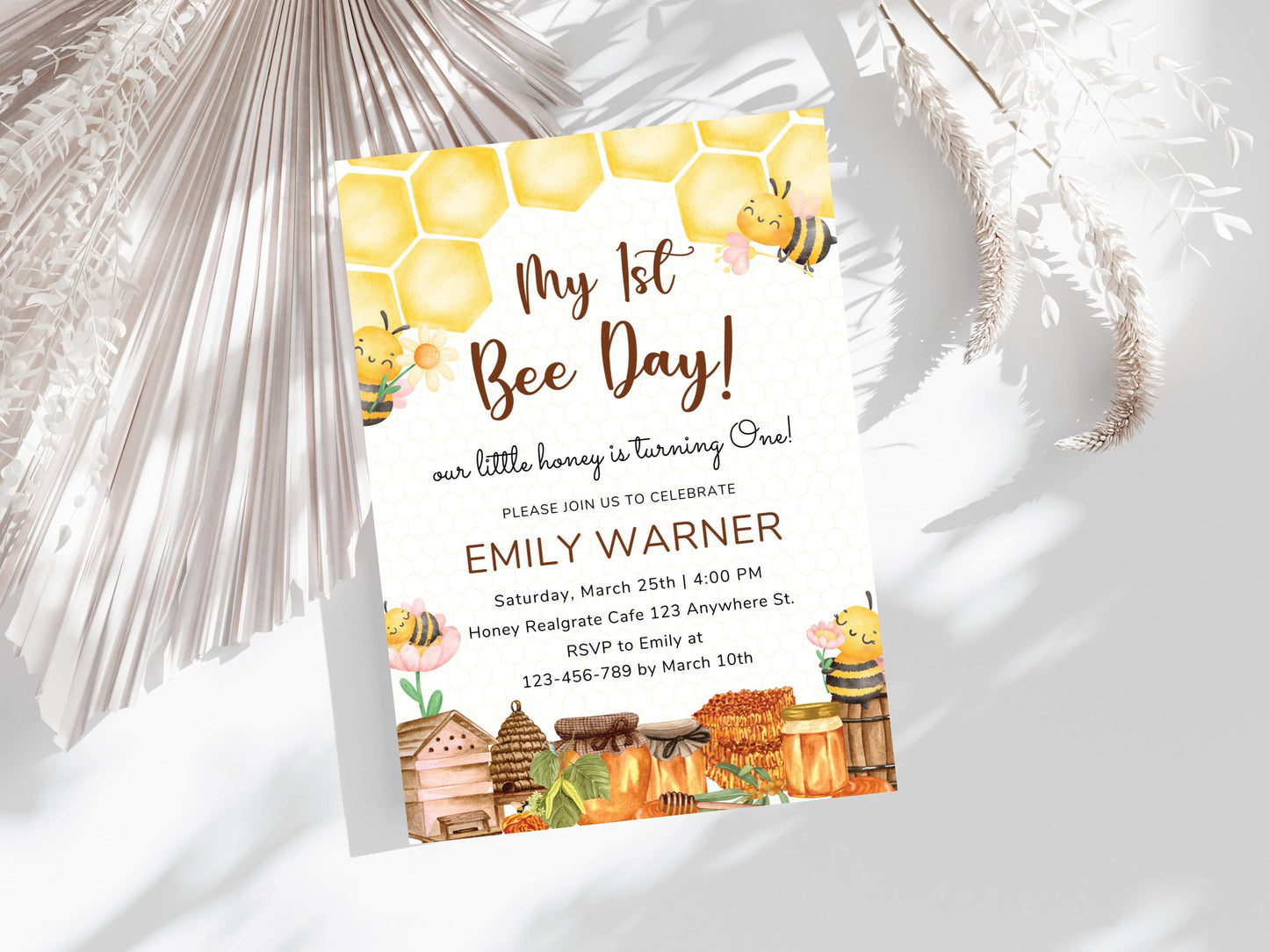 Bee 1st Birthday Invitation Template: Editable Honeycomb Design (PDF)