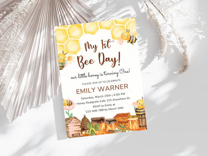 Bee 1st Birthday Invitation Template: Editable Honeycomb Design (PDF)