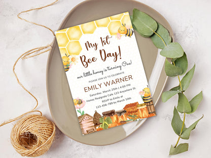 Bee 1st Birthday Invitation Template: Editable Honeycomb Design (PDF)