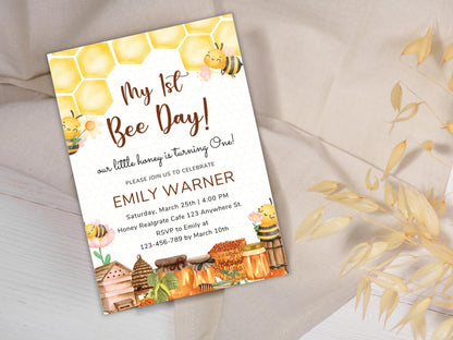 Bee 1st Birthday Invitation Template: Editable Honeycomb Design (PDF)