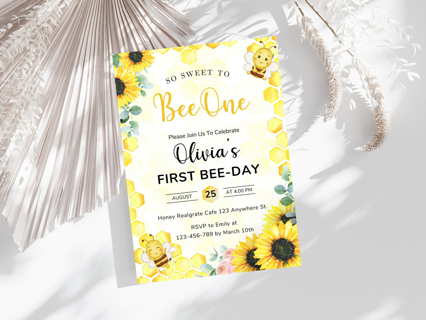 Bee First Birthday Invitation Template: Editable Canva Design (Digital Download)