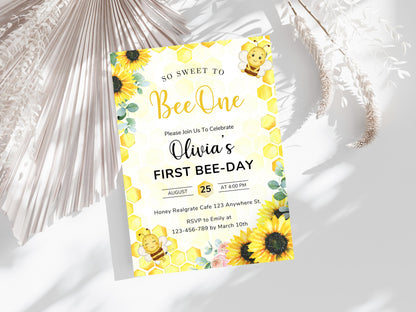 Bee First Birthday Invitation Template: Editable Canva Design (Digital Download)