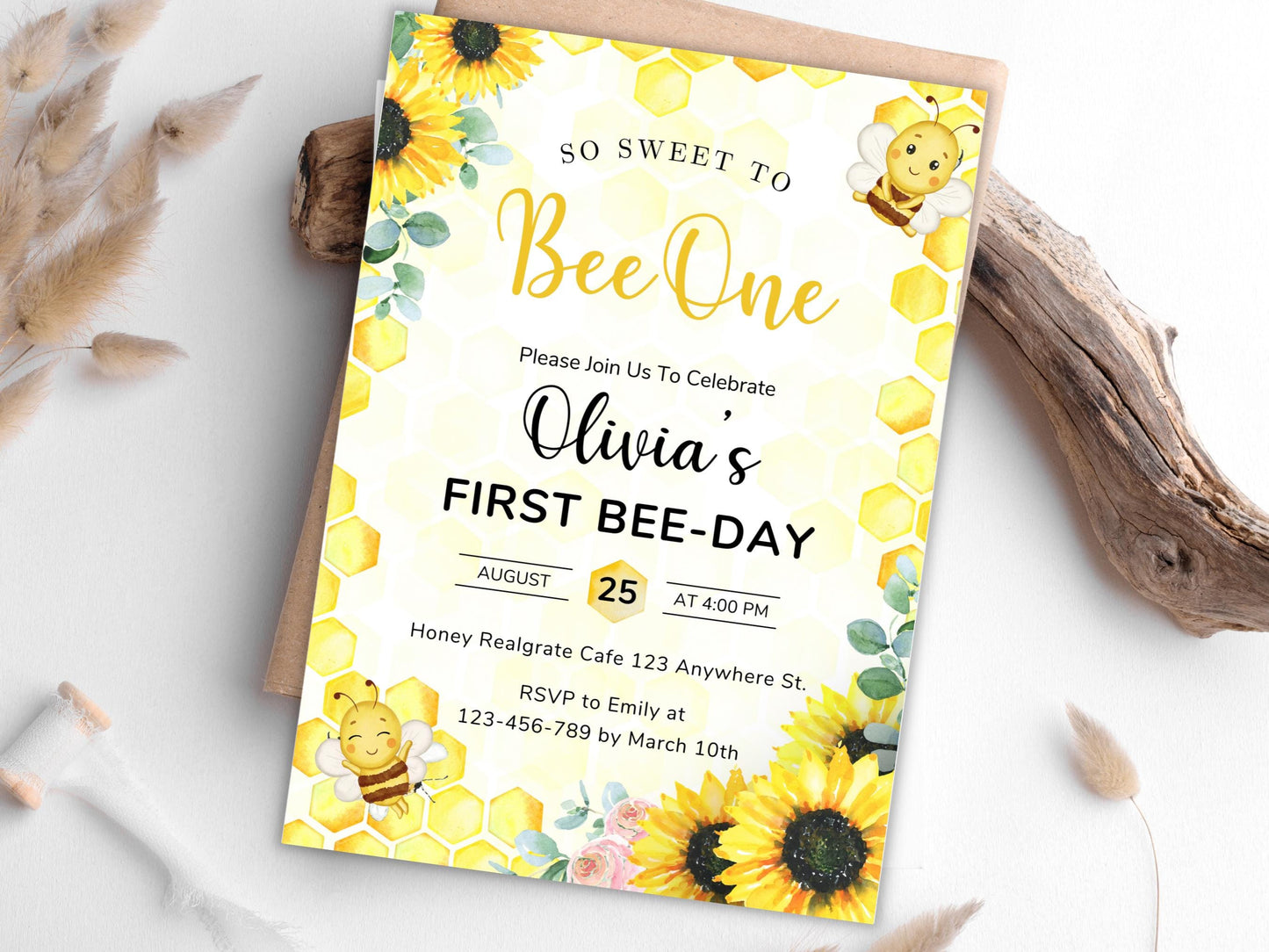 Bee First Birthday Invitation Template: Editable Canva Design (Digital Download)