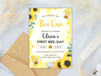 Bee First Birthday Invitation Template: Editable Canva Design (Digital Download)