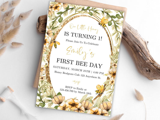 Bee First Birthday Invitation Template: Floral Honeycomb (Digital Download)