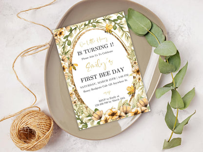 Bee First Birthday Invitation Template: Floral Honeycomb (Digital Download)