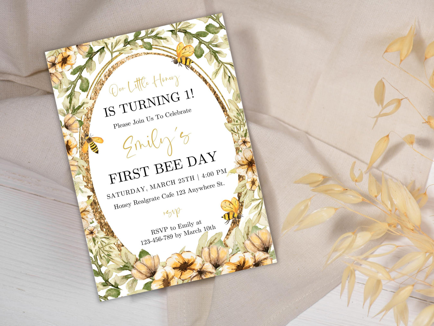 Bee First Birthday Invitation Template: Floral Honeycomb (Digital Download)