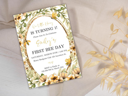 Bee First Birthday Invitation Template: Floral Honeycomb (Digital Download)