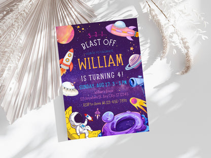 Space Birthday Invitation Template, Astronaut Galaxy Party (PDF)