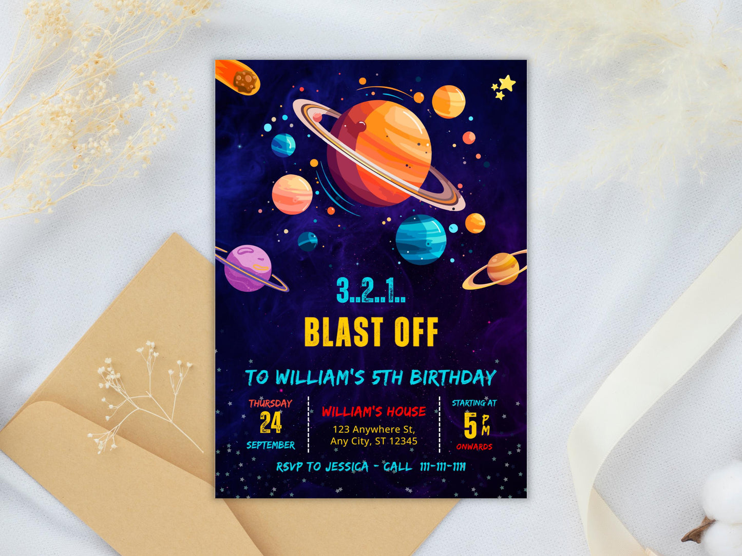 Space Boy Birthday Invitation: Galaxy Planets Party (Digital Download)