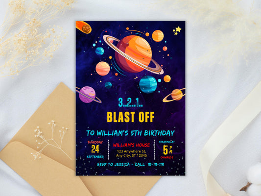 Space Boy Birthday Invitation: Galaxy Planets Party (Digital Download)