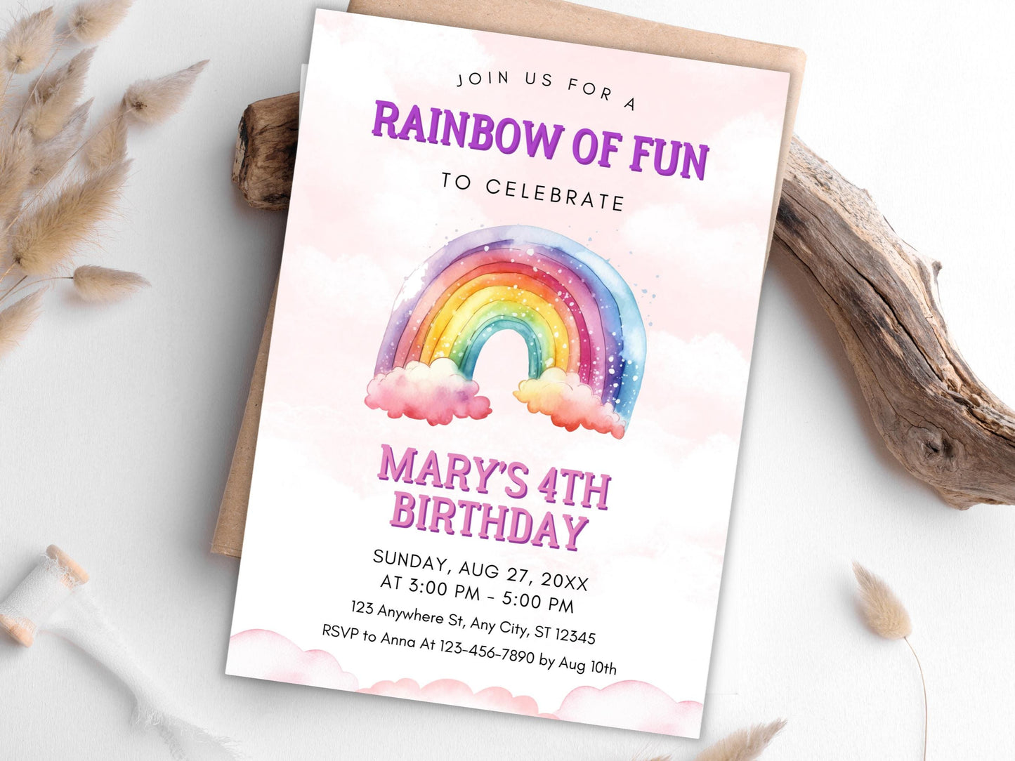 Editable Rainbow Birthday Invitation Template (PDF)