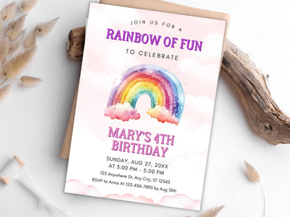 Editable Rainbow Birthday Invitation Template (PDF)