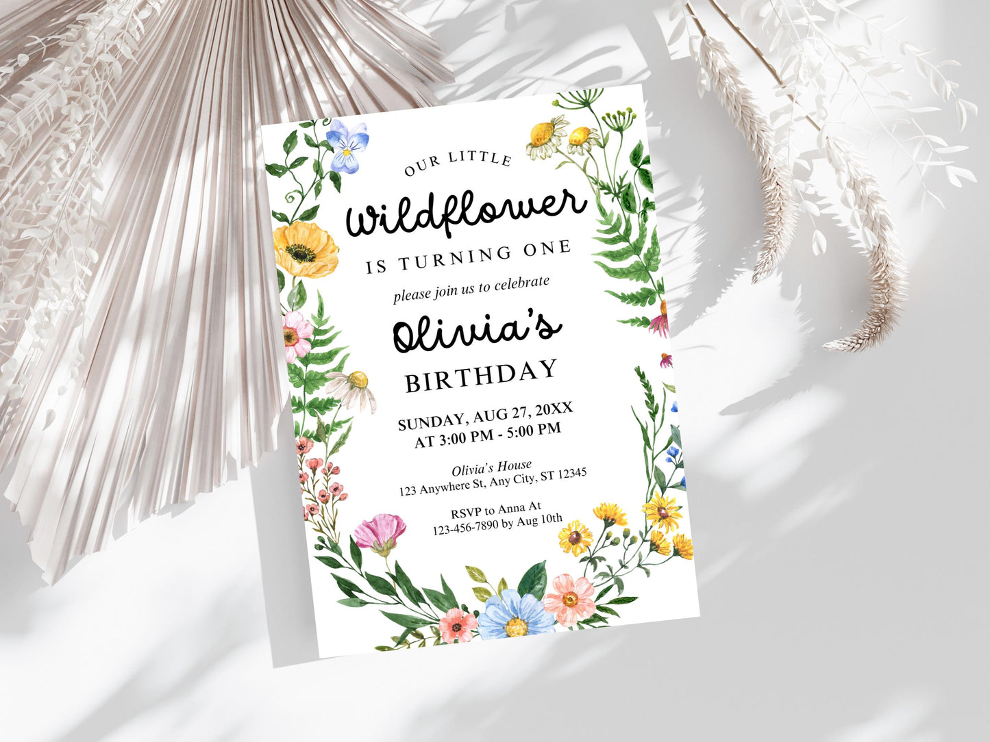 Wildflower Girl 1st Birthday Invitation, Floral Party Invite (PDF)