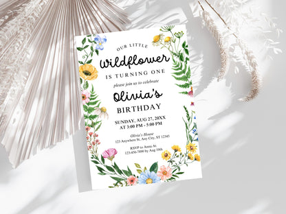 Wildflower Girl 1st Birthday Invitation, Floral Party Invite (PDF)