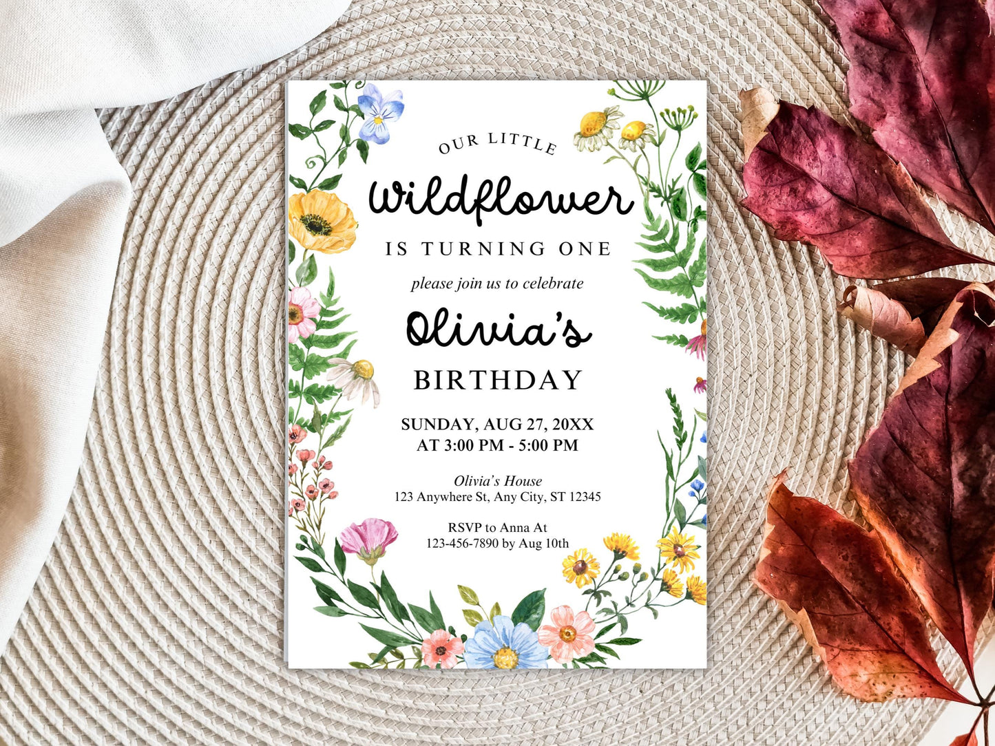 Wildflower Girl 1st Birthday Invitation, Floral Party Invite (PDF)
