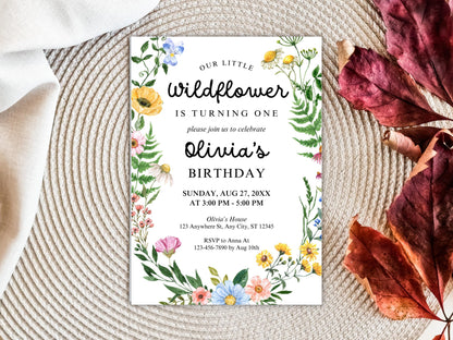 Wildflower Girl 1st Birthday Invitation, Floral Party Invite (PDF)