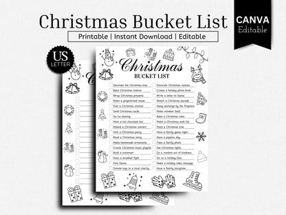 Editable Christmas Bucket List Template | Holiday Planner Printable PDF | Christmas Goals & Traditions Tracker