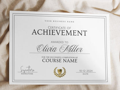 Editable Course Certificate Template: Printable Certificate of Completion (PDF)