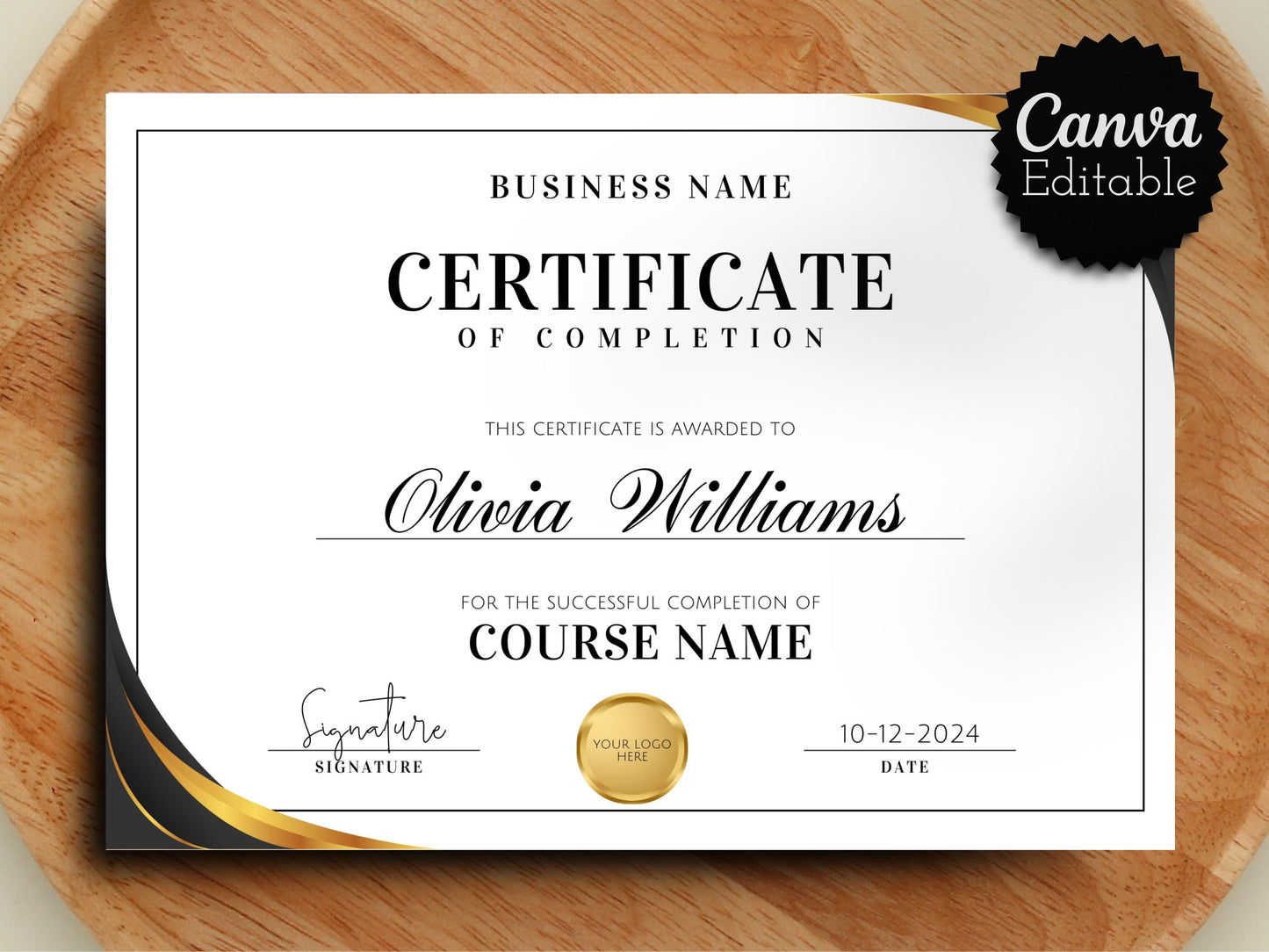 Printable Certificate of Completion Template: Elegant Course Award (Canva Editable)