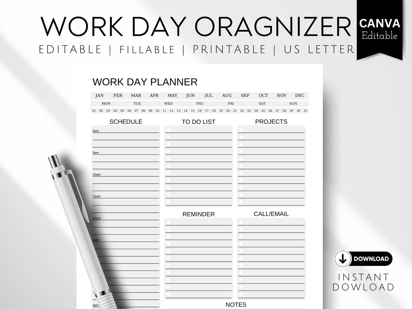 Work Day Planner Printable: Editable Office Organizer (Canva & PDF)