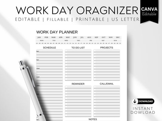 Work Day Planner Printable: Editable Office Organizer (Canva & PDF)