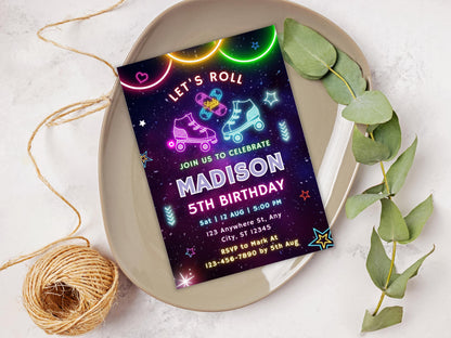 Modèle d'invitation d'anniversaire rétro en forme de patin à roulettes néon (modifiable)
