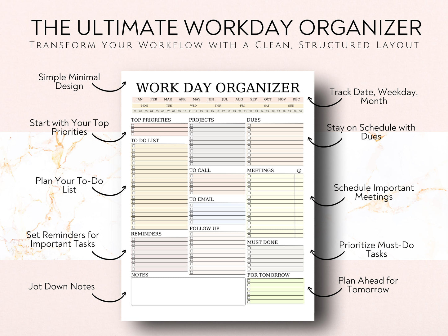 Work Day Planner: Printable To-Do List, Editable in Canva (US Letter) (Digital Download)