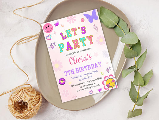 Retro Birthday Invitation Template, Patch Letter Party (Digital Download)