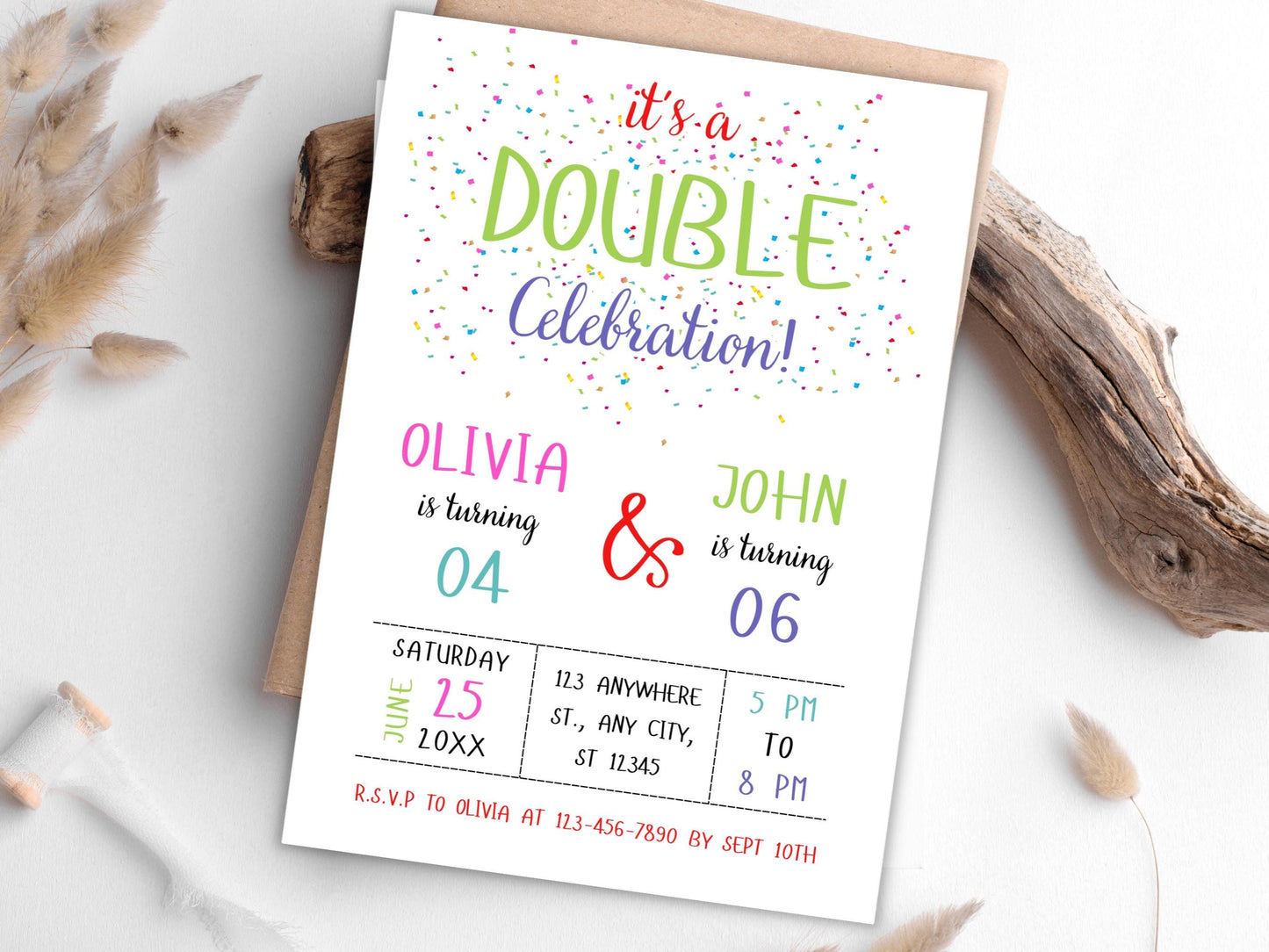 Doppelgeburtstagseinladung: Geschwisterfeier, bearbeitbare Canva-Vorlage (PDF)