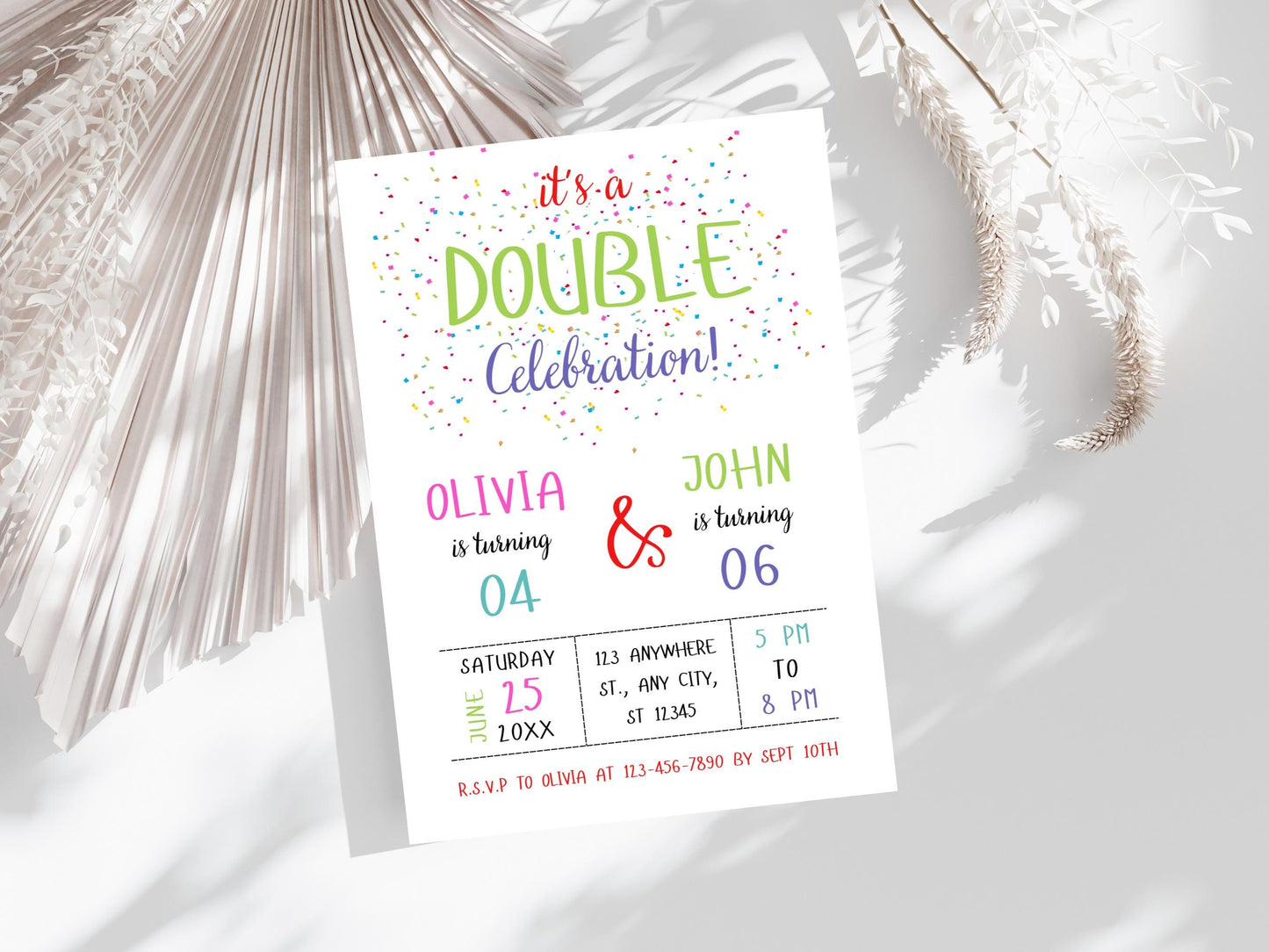 Doppelgeburtstagseinladung: Geschwisterfeier, bearbeitbare Canva-Vorlage (PDF)