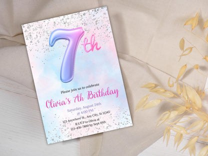 Pink Glitter 7th Birthday Invitation (Digital Download)