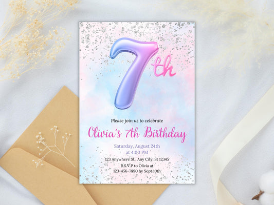 Pink Glitter 7th Birthday Invitation (Digital Download)